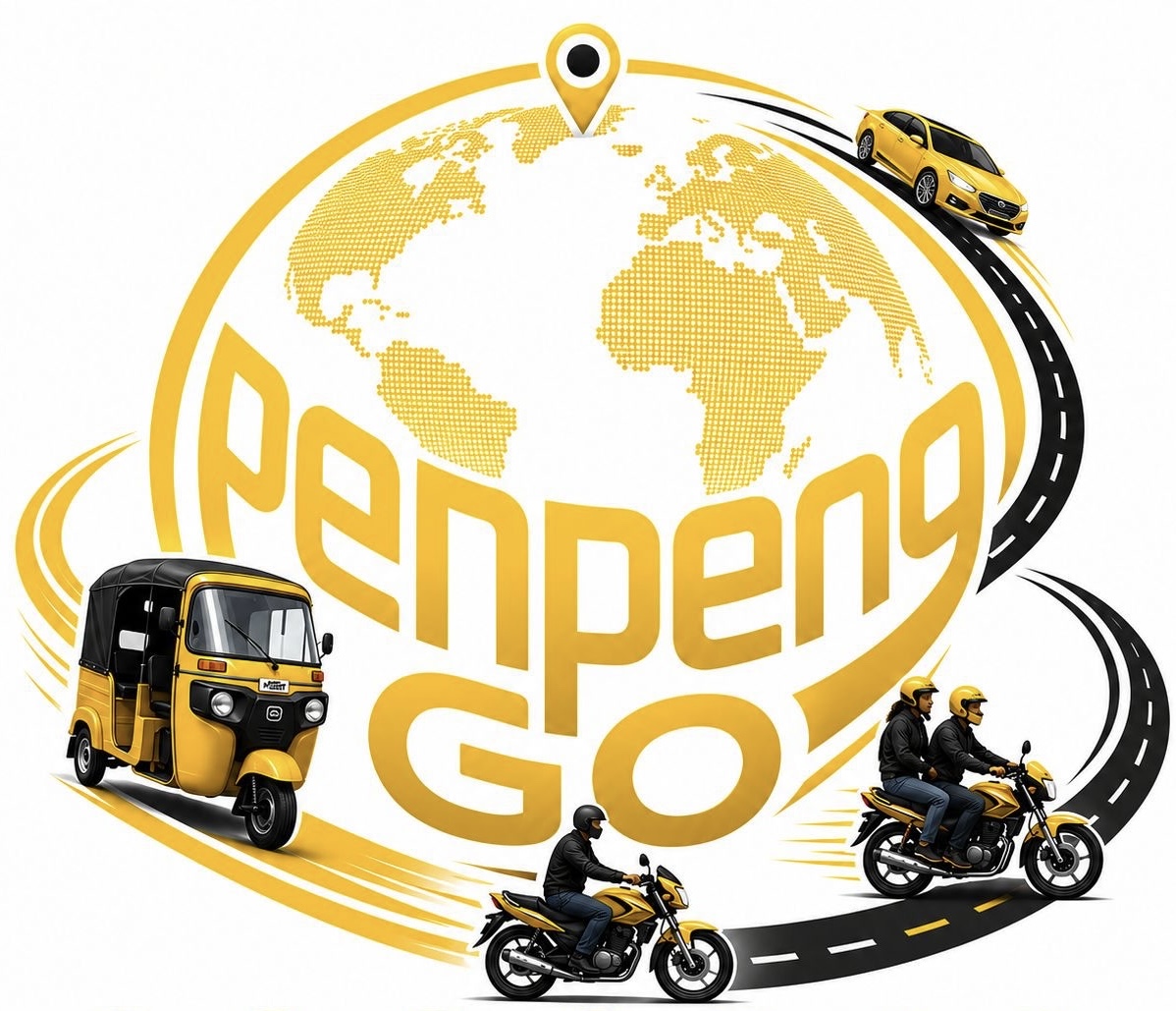 PenPenGo brand with motorcycle, car and tricycle around the globe