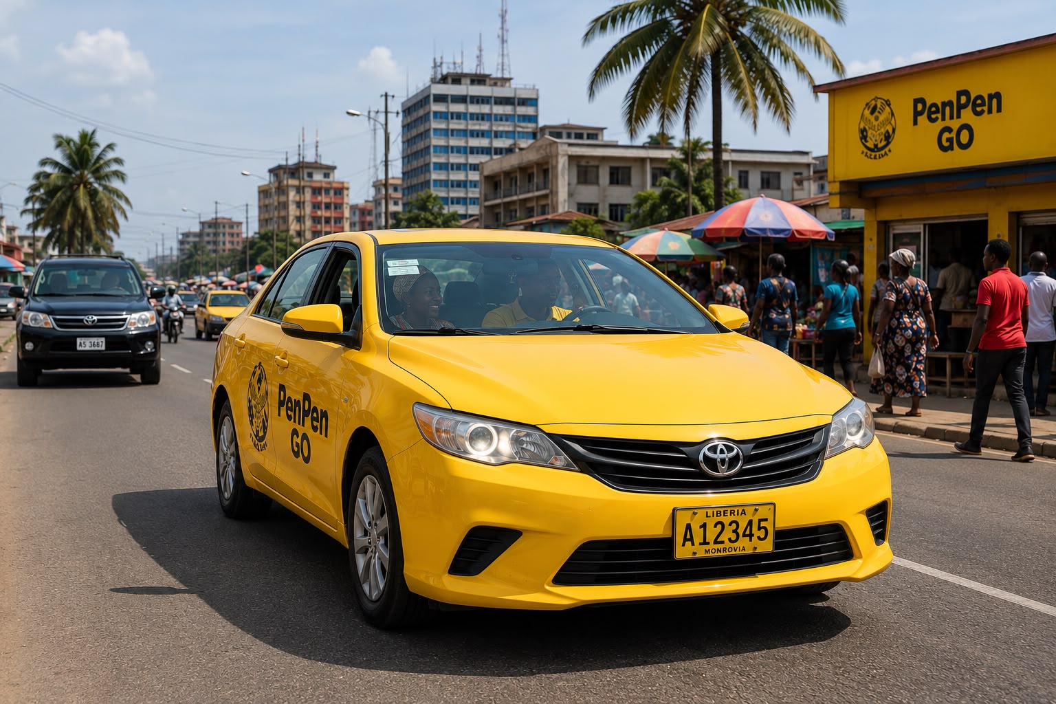 Branded PenPenGo car on a Monrovia city street