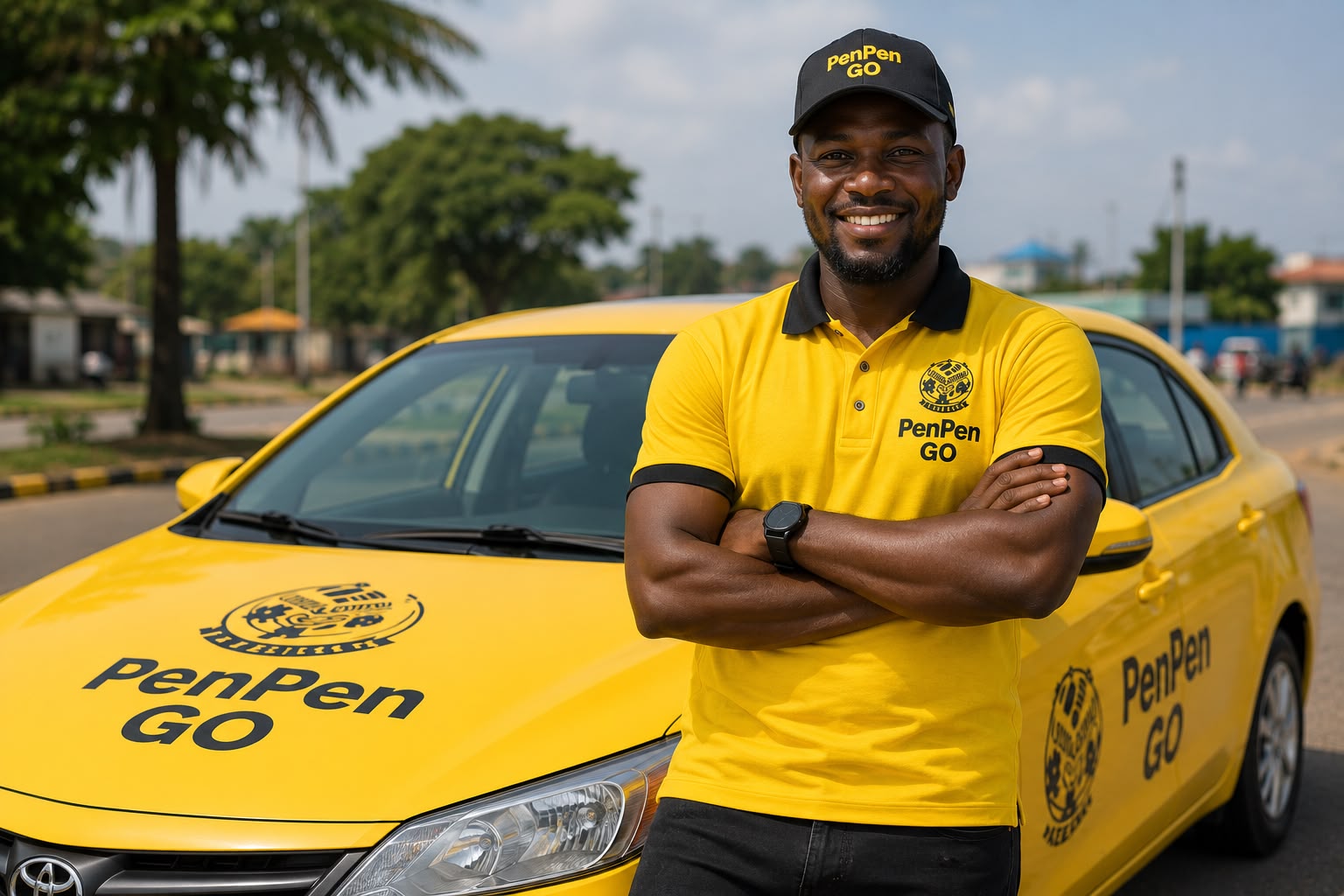Smiling PenPenGo driver standing beside a branded yellow car