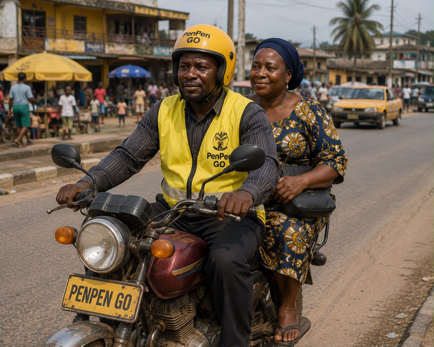 PenPenGo Keke rider carrying a passenger through town
